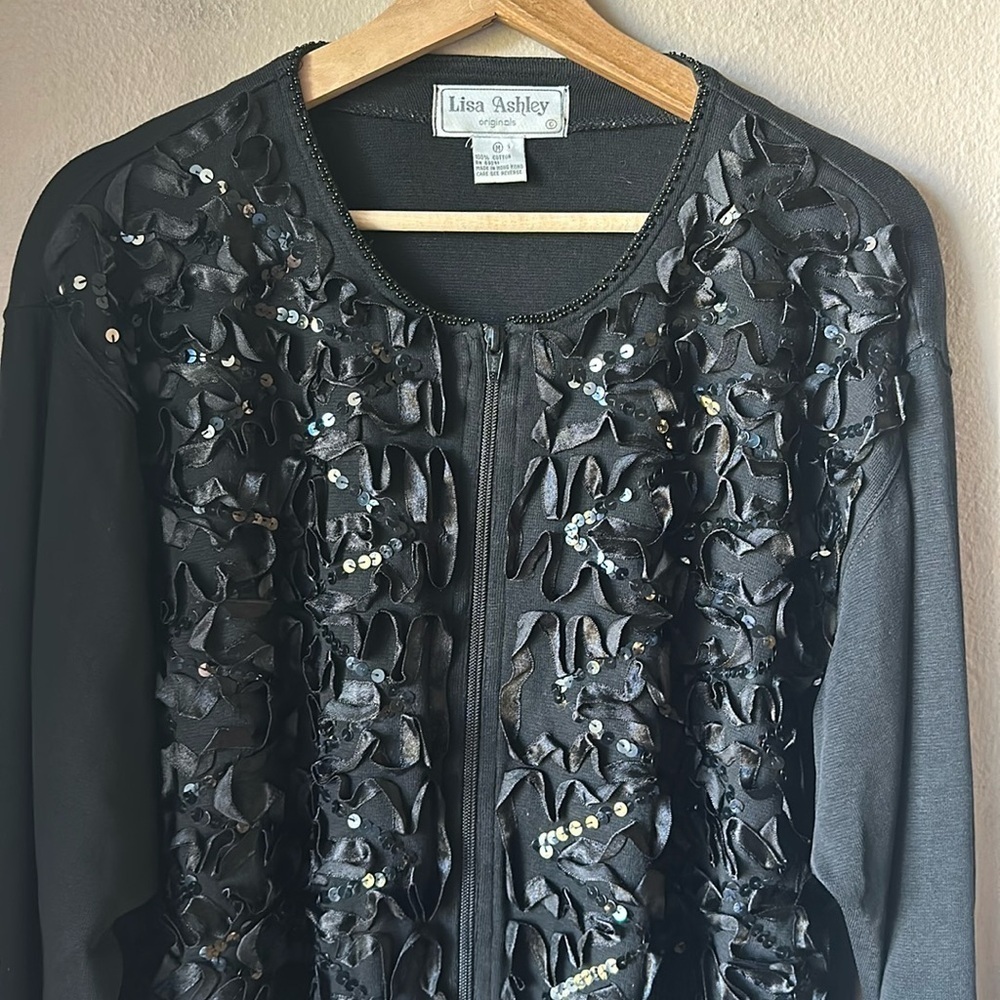 LISA ASHLEY Black Ribbon Sequin Zip Front Cardigan